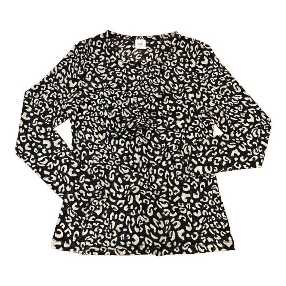 Cabi Sweetheart Leopard Print‎ Ruched Mesh Long Sleeve Top 4163 Black Tan Size M